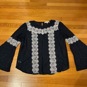 LOFT Dark Navy Lace Blouse with Pale Pink Detailing